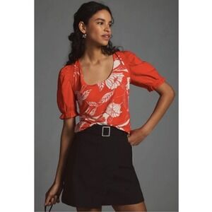 ANTHROPOLOGIE Maeve Woven Puff-Sleeve Red Floral Top Soft Scoop Neck Size Large